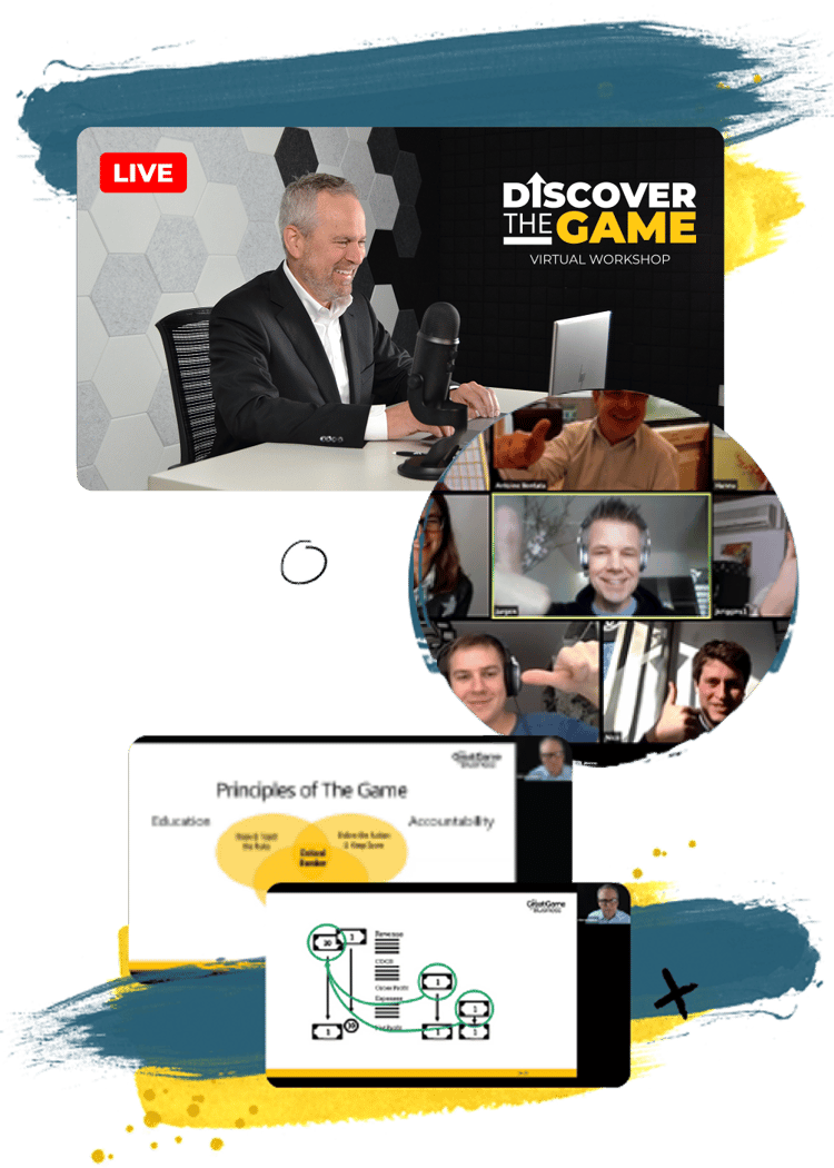 A live Discover the Game workshop on Zoom: the host at his desk, attendees giving thumbs-up, and the slides on screen